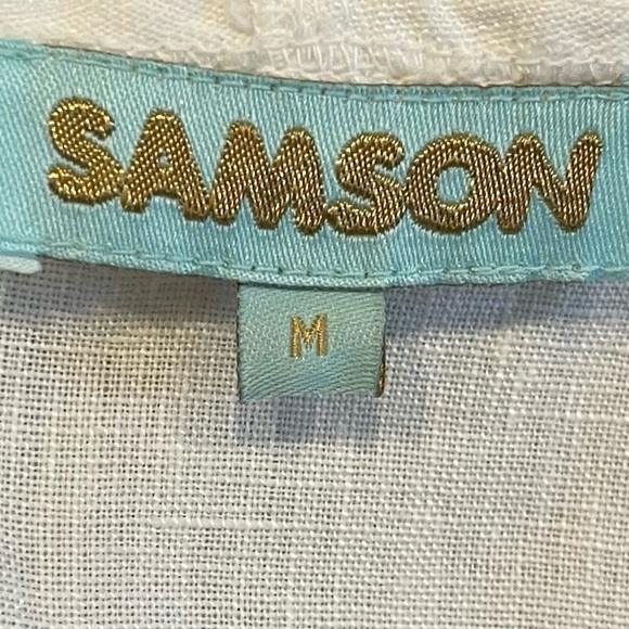 SAMSON Dress Women’s M White Linen Ruffled Neck dress Pockets - Picture 3 of 11